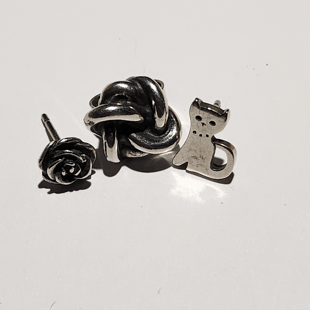 James Avery 3 Sinlgle Sterling Silver Earrings -  Rose, Love Knot, and Cat Stud